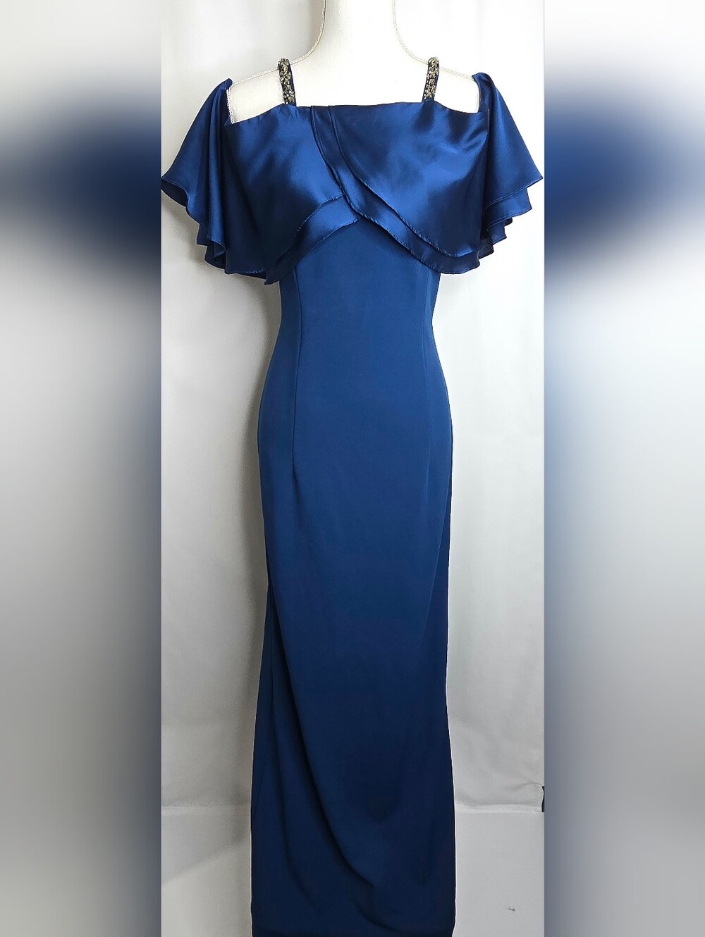 Adrianna Papell Peacock Blue Embellished Ruffle Gown MOB MOG Size NWOT 8
